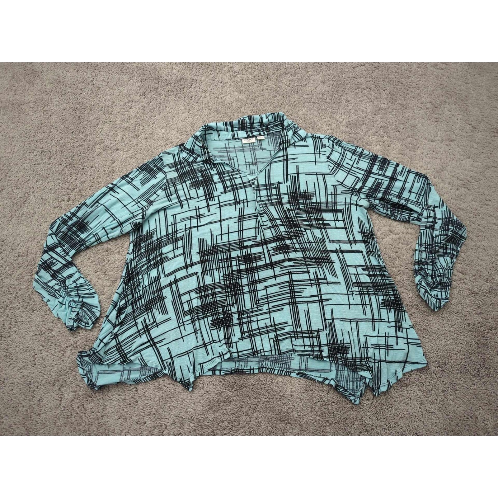 Cato Tunic Blouse Womens 22/24w Plus Blue Abstract Long Sleeve Shark Bite Hem